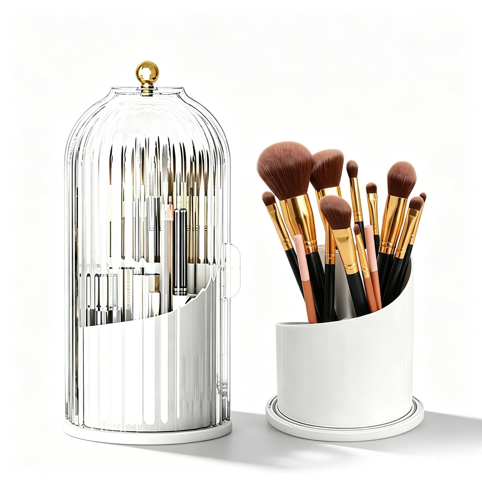 Rfytdcf White Makeup Brush Holder, 360° Rotating Toothbrush Holder With Cover Make Up Brush Holders With Sliding Lid Bathroom Waterproof Organiser For Vanity Desk Dressing Table Clear (White)