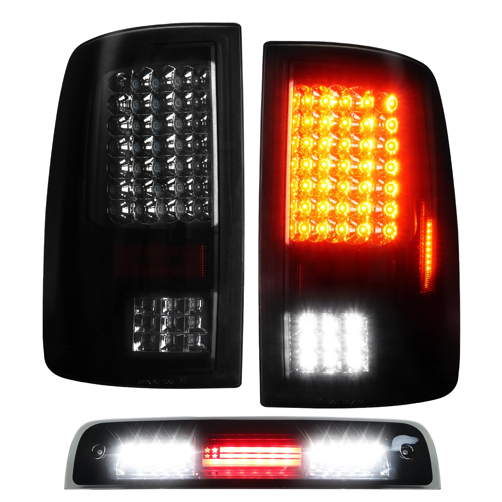 (3 Pack) Tail Light Assembly + 3rd Brake Light For Dodge Ram 1500 2009-2018 for Ram 2500 3500 2010-2018 Only Fit factory Halogen/incandescent and
