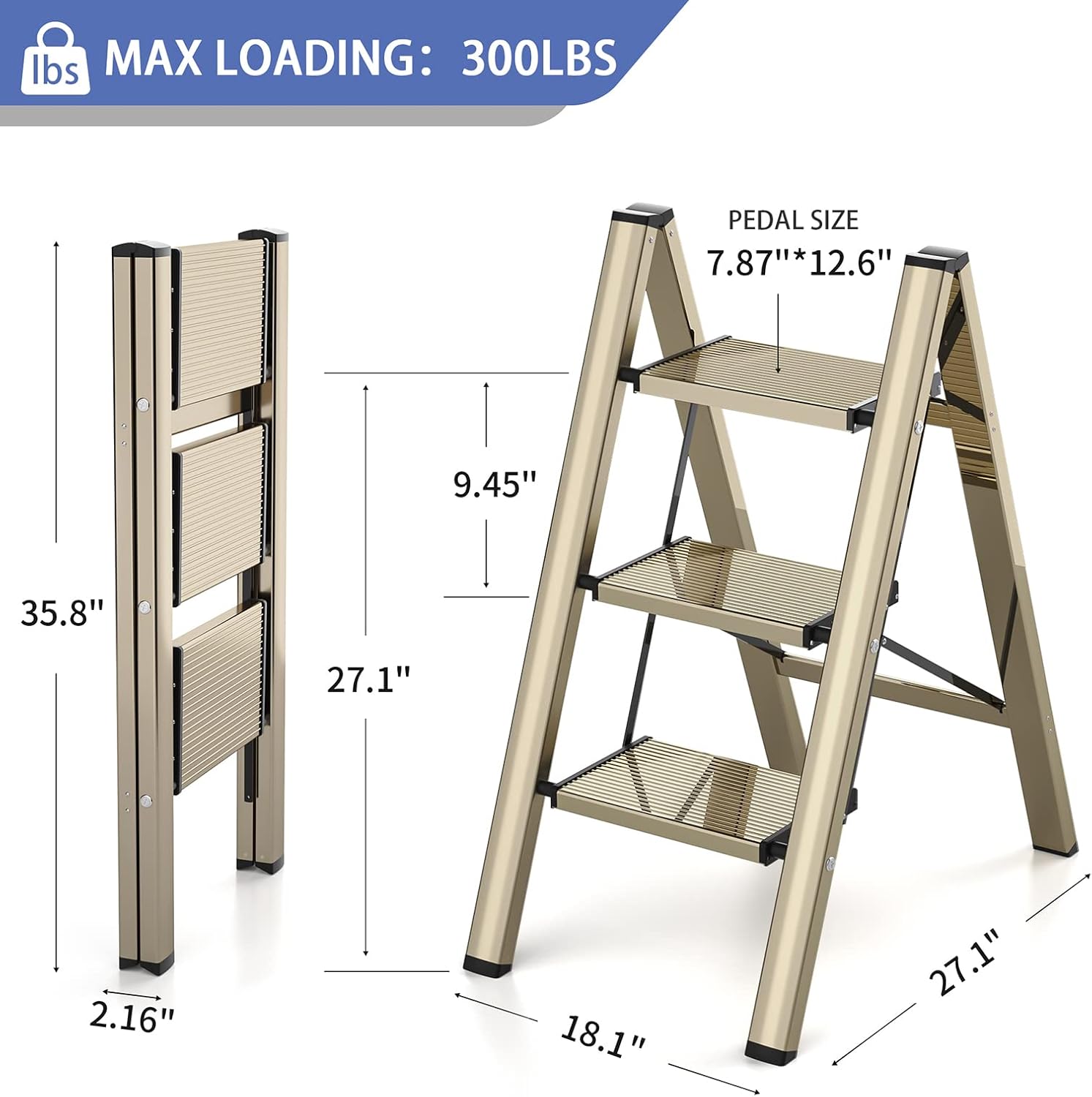 3 Step Ladder, Aluminum Folding Step Stool with Wide Anti-Slip Sturdy Pedal, Portable Lightweight Step Stool Multi-Use for Kitchen Household and Office, Gold, 330 LBS - - 