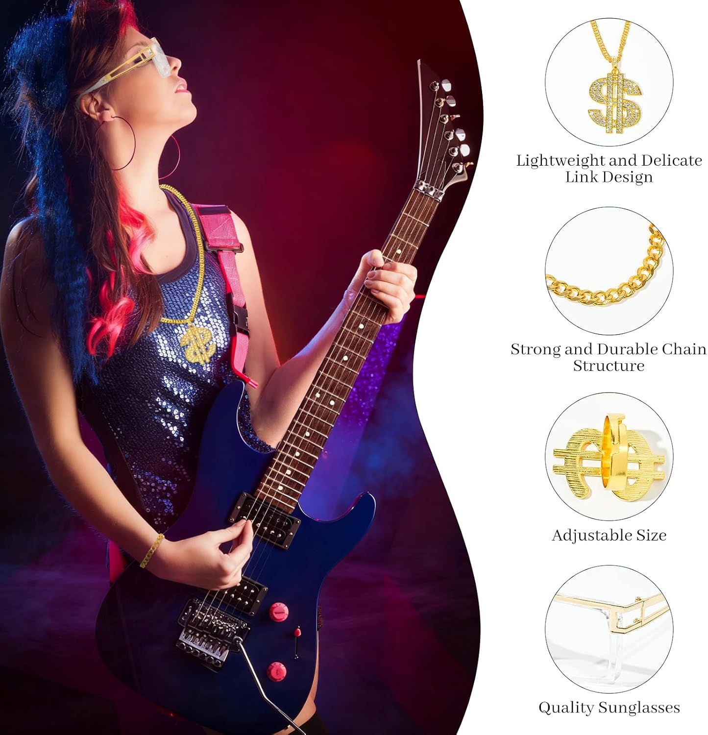 5pcs 80s 90s Hip Hop Costumes Kit with Dollar Sign Chain & Dollar Rings, Fake Gold Chain Bracelet, Disco Glasses Rapper Costumes Accessories for Men Women Cosplay Club Old School Themed Party Supplies - Image 4