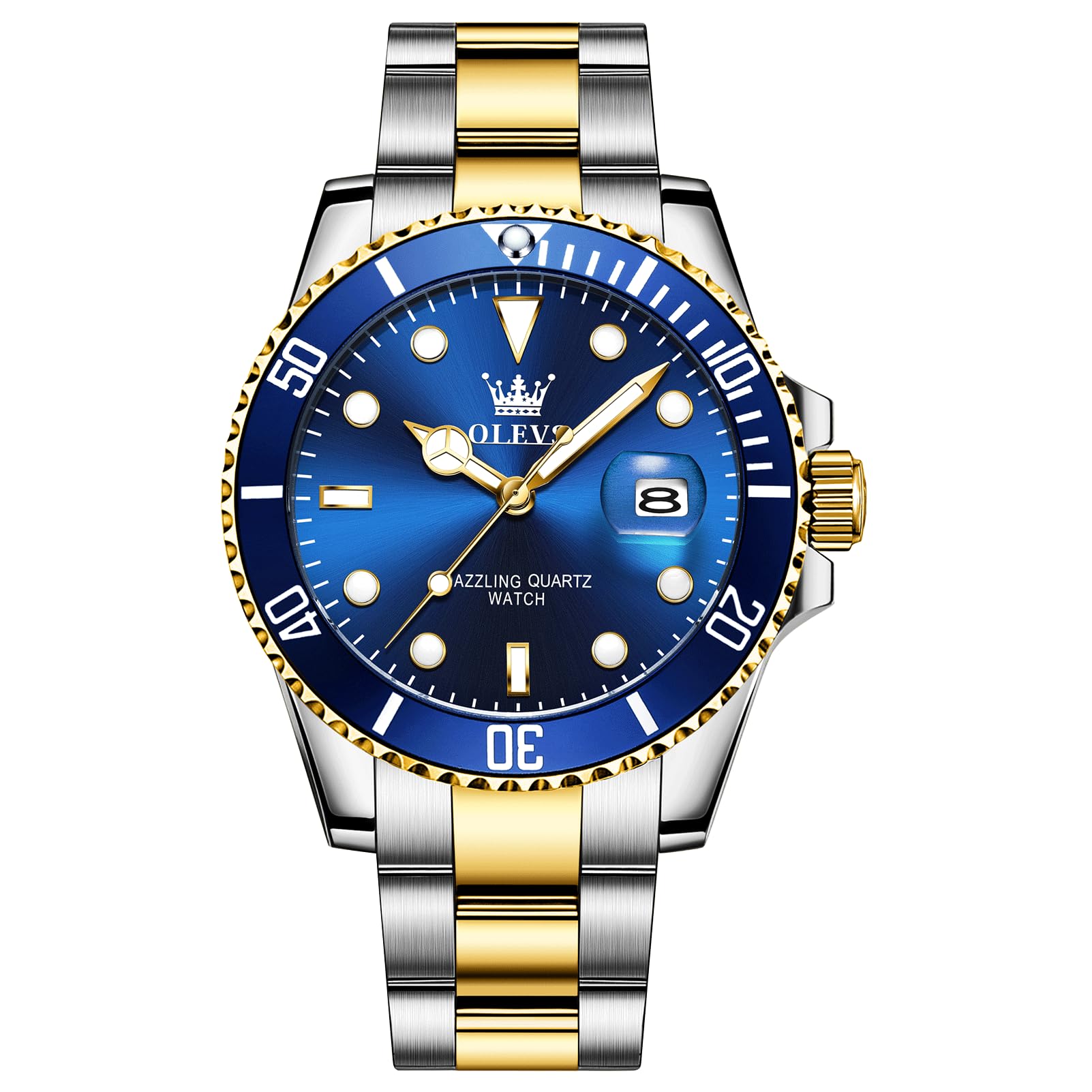 OLEVSMen's Stainless Steel Watch, Big Face Easy to Read Analog Quartz Dress Watches, Classic Rotating Bezel Waterproof Luminous Hands Date Mens Wristwatch