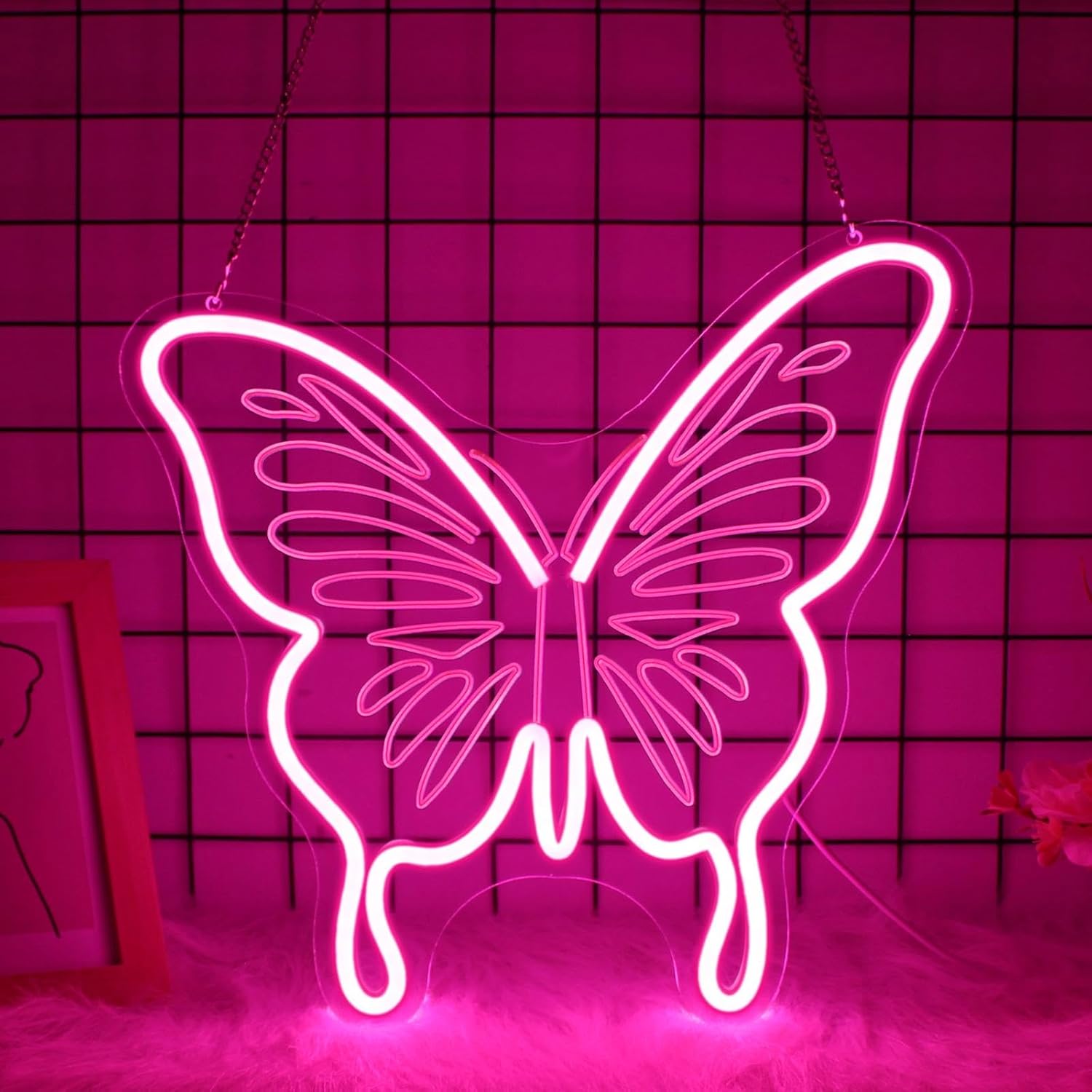 Butterfly Neon Sign, JGHTURIE Pink Neon Signs for Wall Decor Engraved LED Light Up Sign Room Decor for Club Party Bar Signs Decoration USB Powered