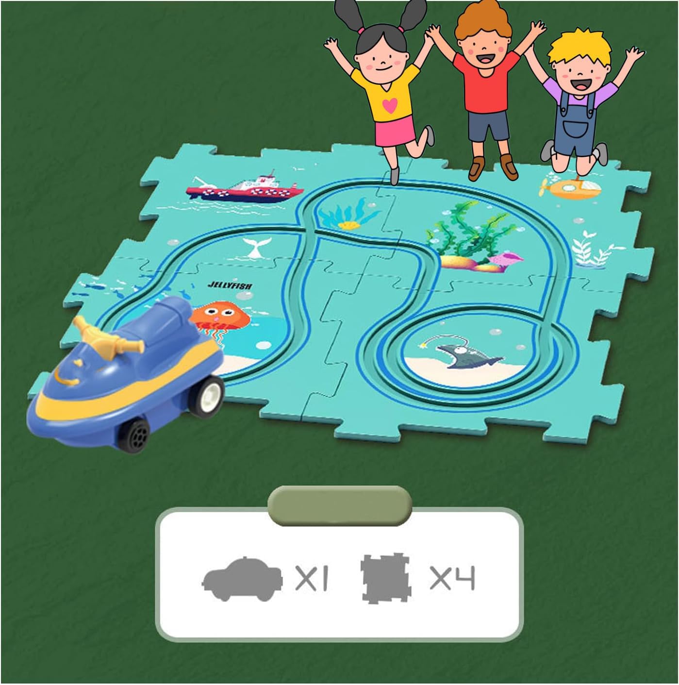 Trackmates Kids Car Track Set, Nukids Puzzle Racer, Puzzle Racer Kids Car Track Set, Puzzleracer Kids Car Track Set, Puzzle Track Car Play Set for Kids (Ocean,5PCS)