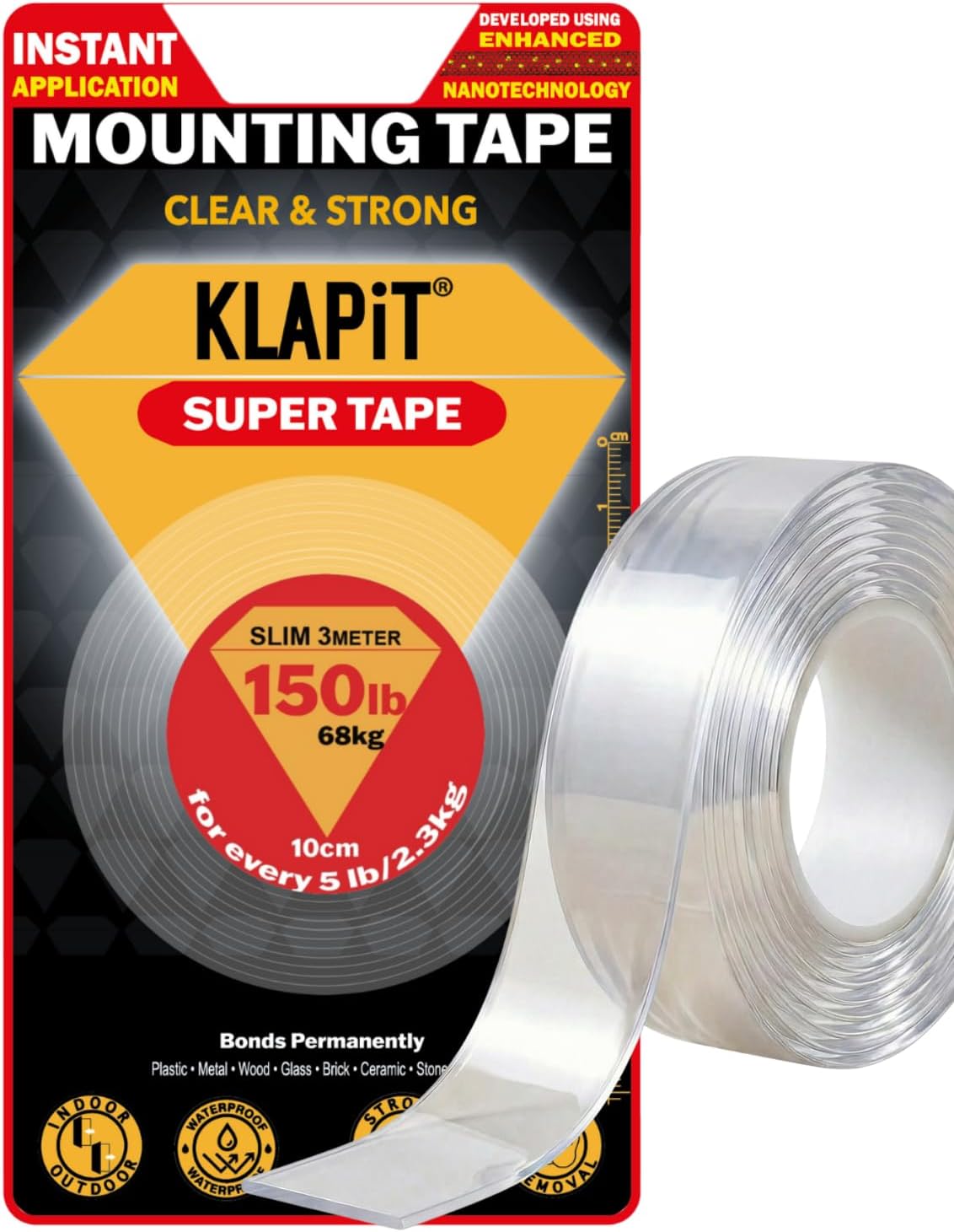 SUPER TAPE Double Sided Tape Heavy Duty Mounting Holds 150 Pounds or 68Kg Weight Using Enhanced Nanotechnology. Clear Tape for Wall, Wood, Tile, Stone, Glass, Metal and Acrylic Slim 3m