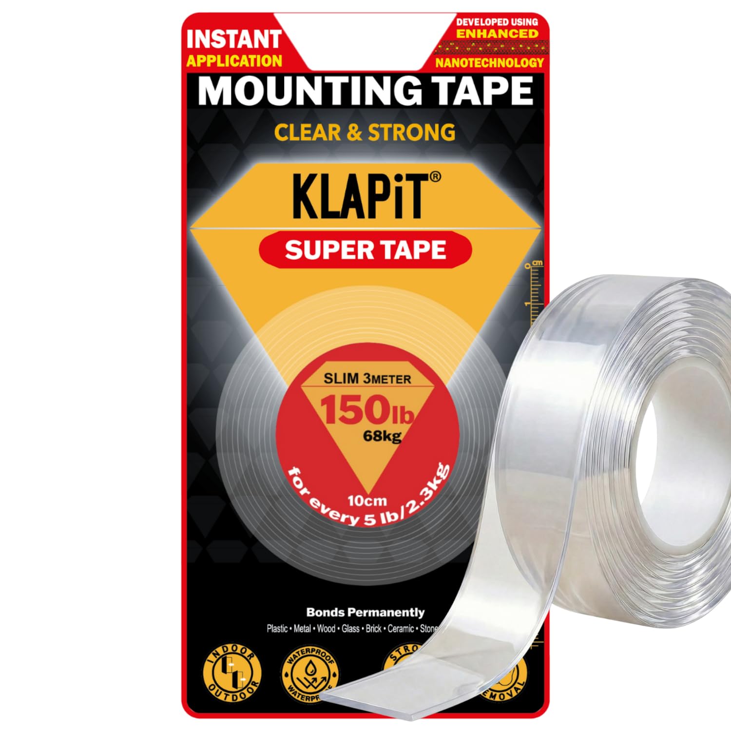 SUPER TAPE Double Sided Tape Heavy Duty Mounting Holds 150 Pounds or 68Kg Weight Using Enhanced Nanotechnology. Clear Tape for Wall, Wood, Tile, Stone, Glass, Metal and Acrylic Slim 3m