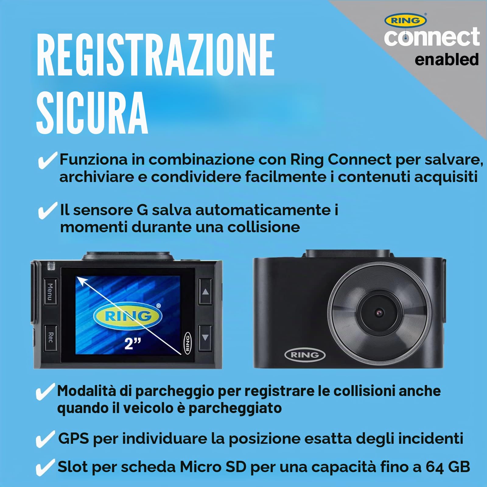 Ring Automotive RSDC3000 Smart Dash Cam con GPS WiFi Full HD 1296p 30fps 2.0" Screen G-Sensor Ring Connect App fotocamera anteriore auto dashcam compatibile posteriore, nero