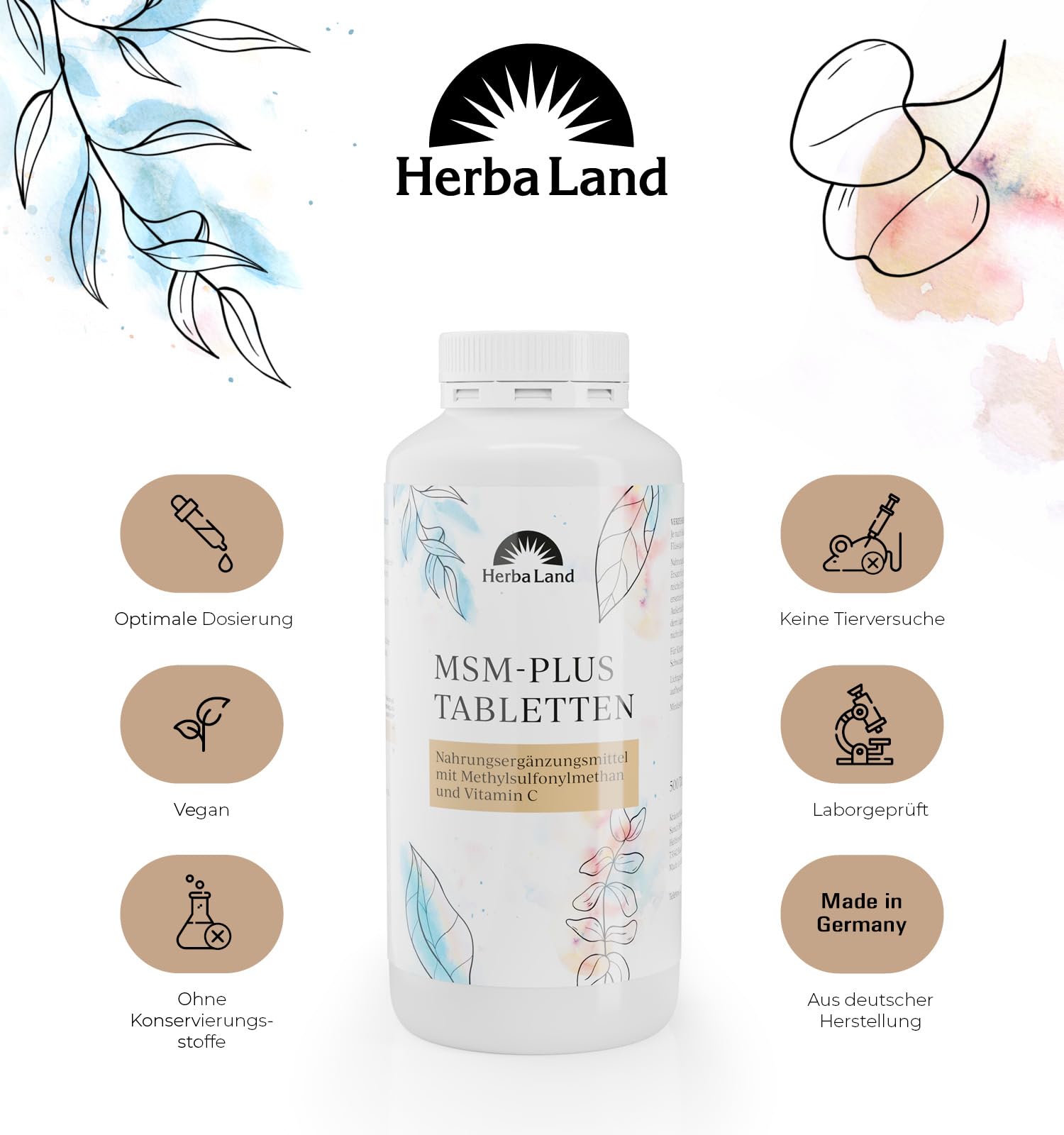 Herbaland® MSM Kapseln hochdosiert | 2000 mg MSM Pulver & 60 mg Vitamin C pro Tag | 500 vegane Schwefel Kapseln für 8 Monate | Methylsulfonylmethan | Laborgeprüfte Qualität | Made in Germany