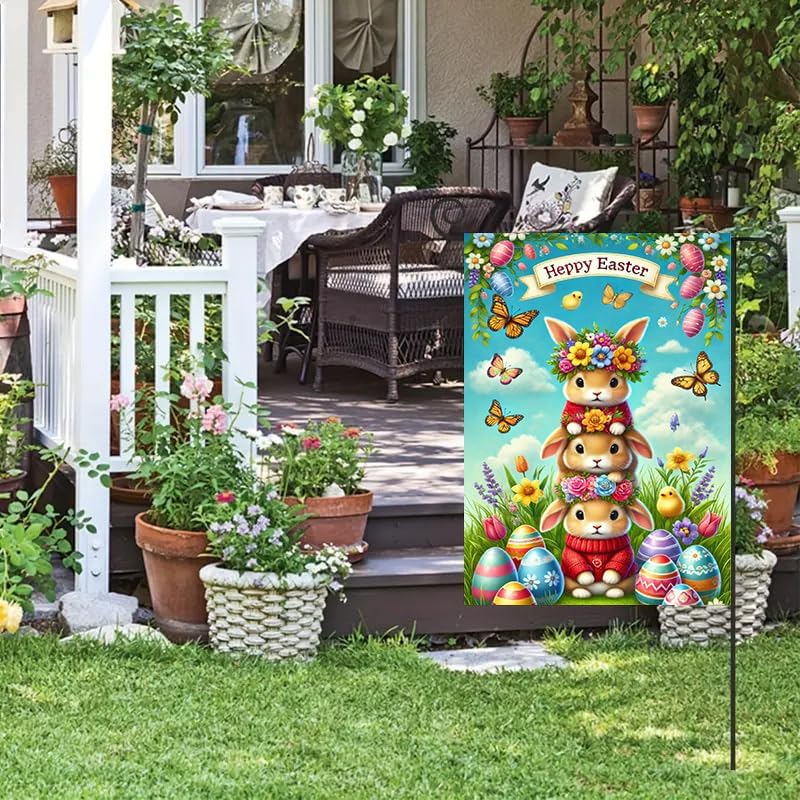 Happy Easter Garden Flag 12x18 Inch Double Sided Bunny Stacked Rabbits Eggs Butterfly Flowers Design Small Outdoor Yard Flag Spring Easter Welcome Decor for Porch Lawn Patio Garden - Image 4