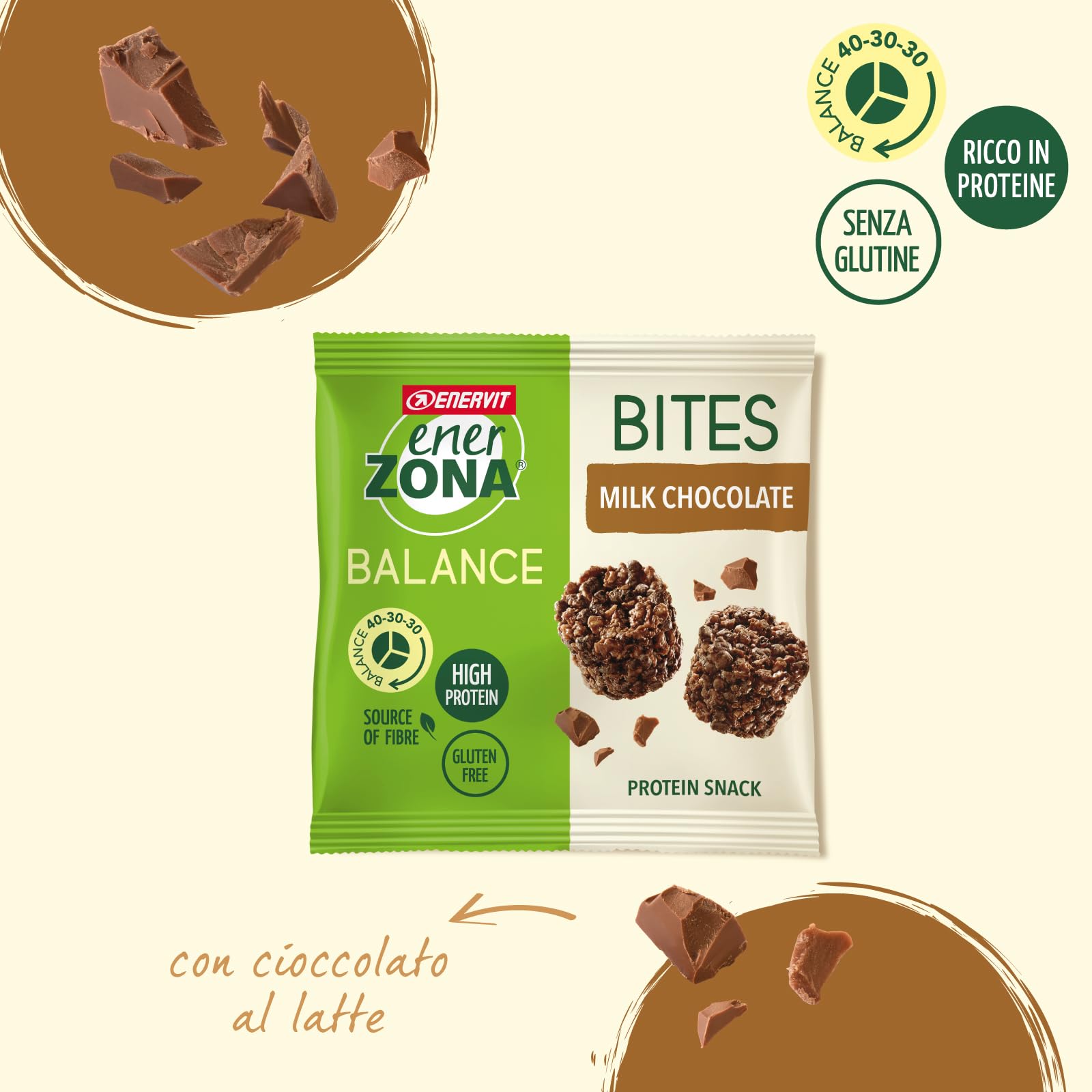 Enervit, Bites con Cioccolato al Latte, 5 Minipack da 24 Grammi, Porzioni Monodose, per Mantenere il Tono Muscolare, con Proteine della Soia e Fibre, 100% Vegetale, Senza Glutine e Olio di Palma