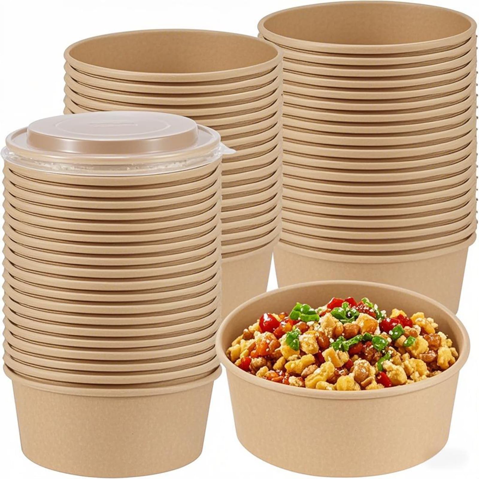 SINJEUN 60 Pack 25 Oz Kraft Paper Bowls with Lids, Disposable Kraft Paper Bowls Food Containers, Round Kraft Paper Salad Bowls Party Restaurant