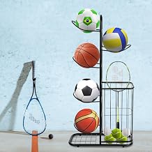 Garage Organiser for Sports Equipment, Removable Basketball Storage Rack with 5 Ball Stands and Baskets, for Storing Basketballs, Footballs, Volleyballs, etc. Black