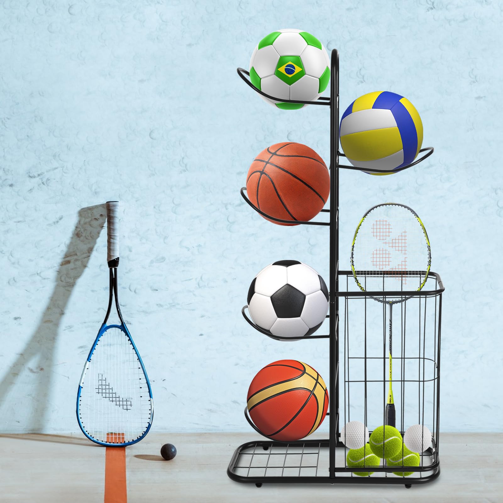 Estantería de almacenamiento de baloncesto, soporte para pelotas con 5 soportes de bolas y cestas, organizador para equipos deportivos, organizador para rugby, voleibol, fútbol