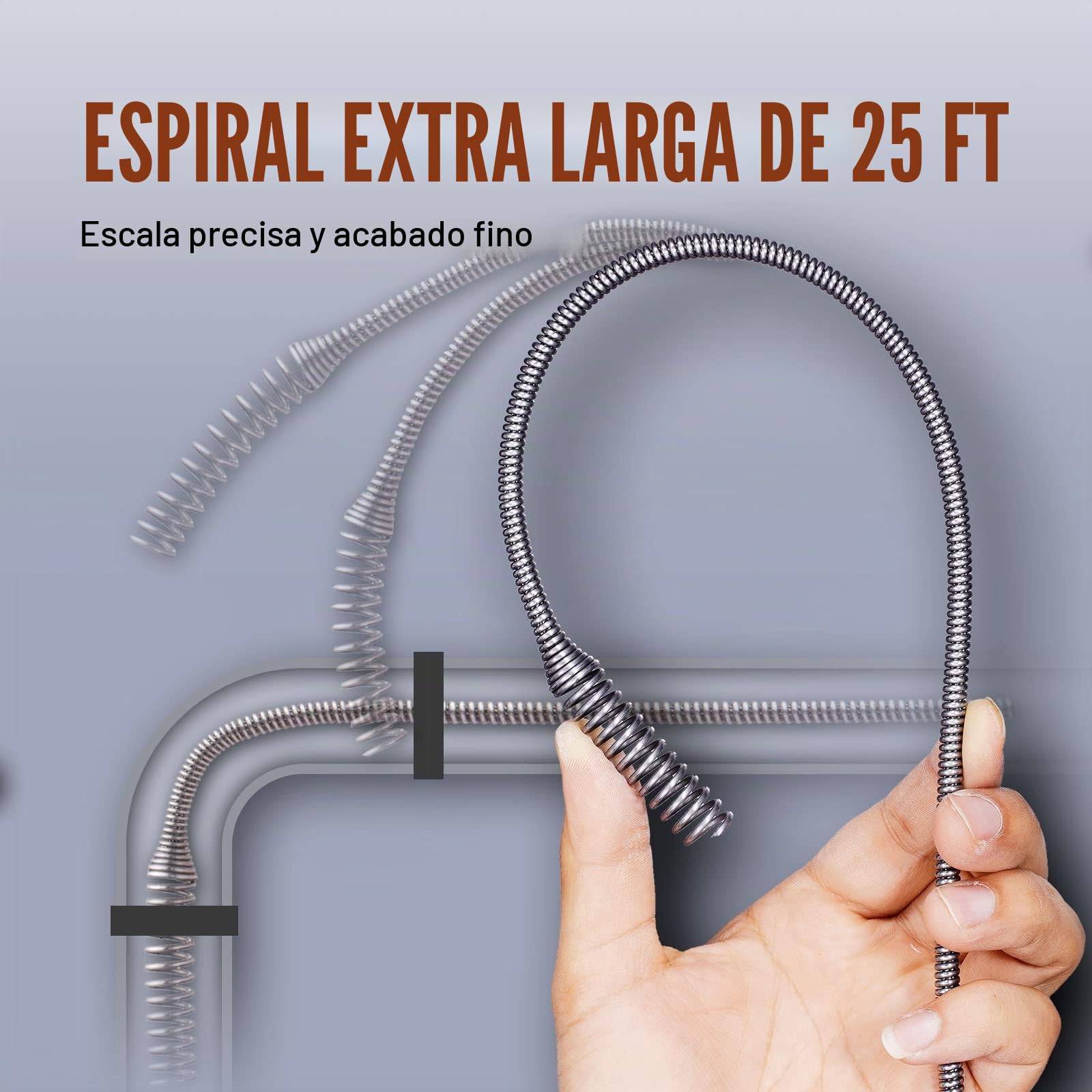 VEVOR Espiral de Limpieza de Tuberías 0,63x76,2 cm Cable de Acero de Resorte Limpiador de Drenaje de Alimentación Automática de Limpieza de Tuberías Limpiador de tuberías para Inodoros, Cocina, Baño