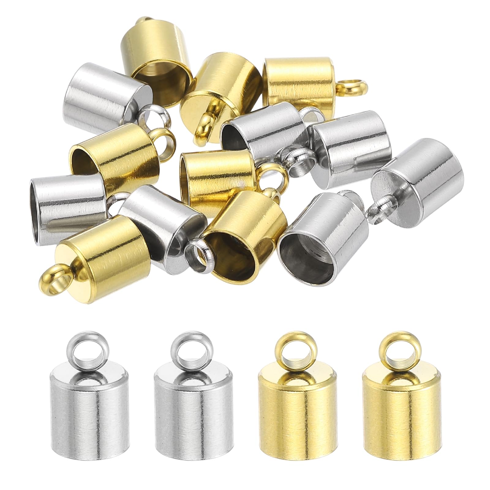 sourcing map Stainless Steel Cord End Caps 6mm ID, 20 Pack Barrel End Tips Terminators Cord Finding for DIY Jewelry Making Necklace Bracelets Tassels Supplies, Gold/Silver Tone