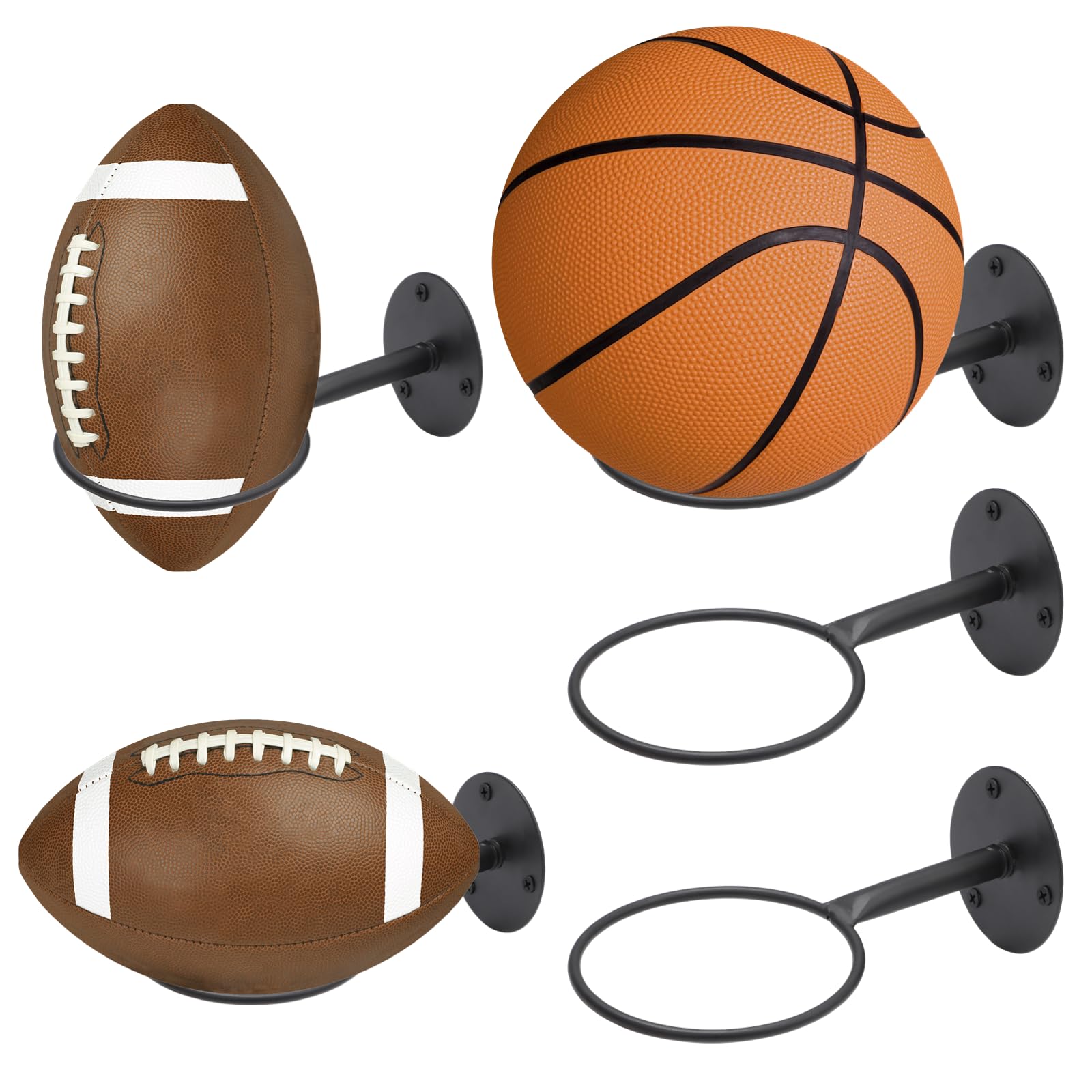 Metal Wall Mounted Ball Holders, 5 Pcs Universal Ball Display Racks, Space Saving Sports Ball Storage Units for Soccer, Volleyball, Rugby, Basketball, Football