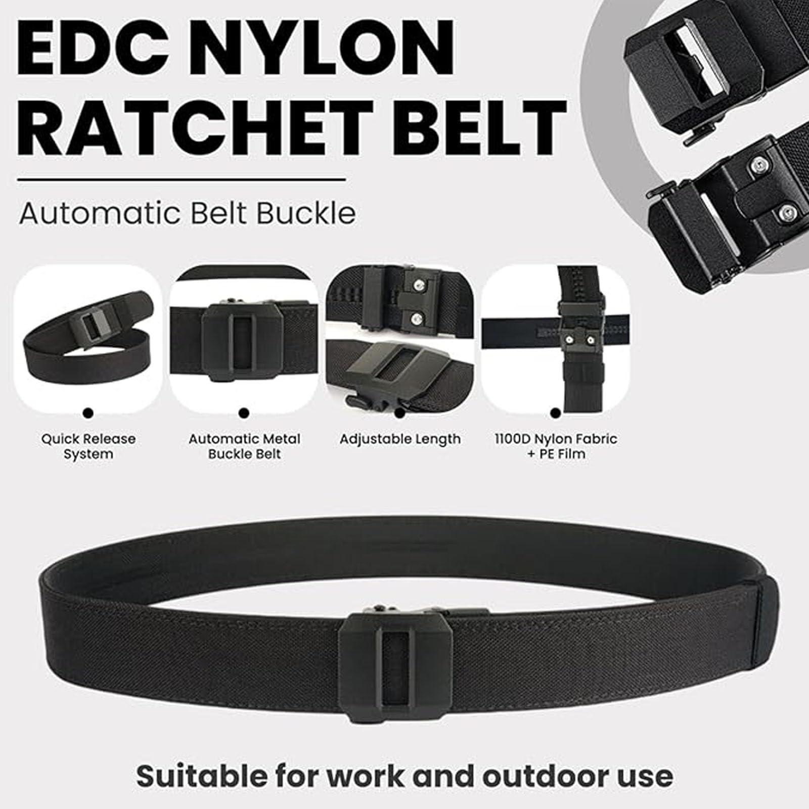 Cinturón de trinquete de nailon EDC, cinturones de trinquete tácticos for hombres Cinturón de tela deslizante con hebilla deslizante automática Ajuste ajustable