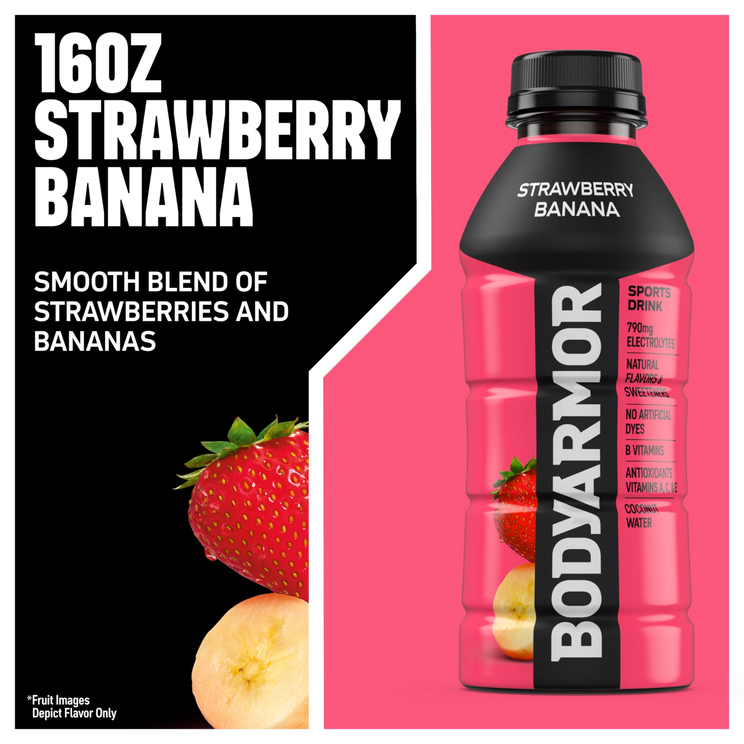 BODYARMOR Sports Drink Sports Beverage, Strawberry Banana, Coconut Water Hydration, Natural Flavors With Vitamins, Potassium-Packed Electrolytes, Perfect For Athletes, 16 Fl Oz (Pack of 12)