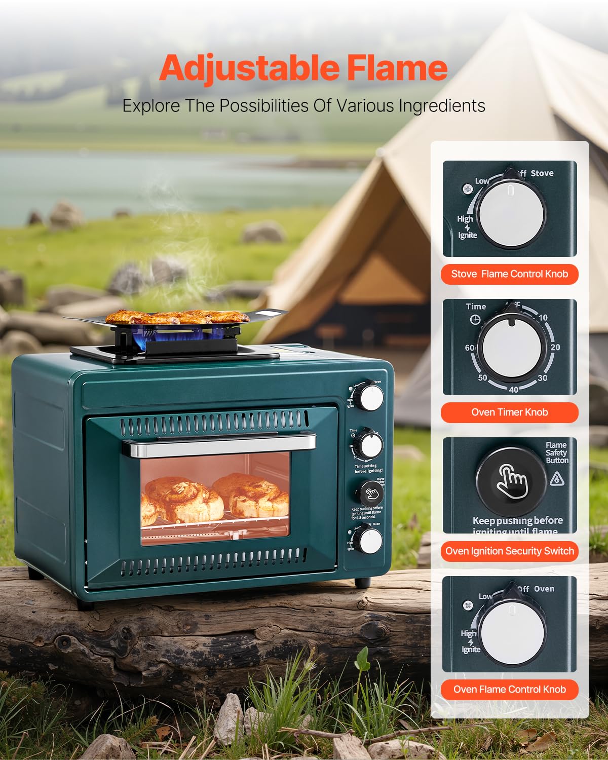 VEVOR Outdoor Ofen 2 in 1 tragbarer Campingofen, einstellbare Feuerrate, 60-Minuten-Timer, winddicht, mit Grillrost und Bratblech, für Campingausrüstung Picknick im Garten Kochen im Freien