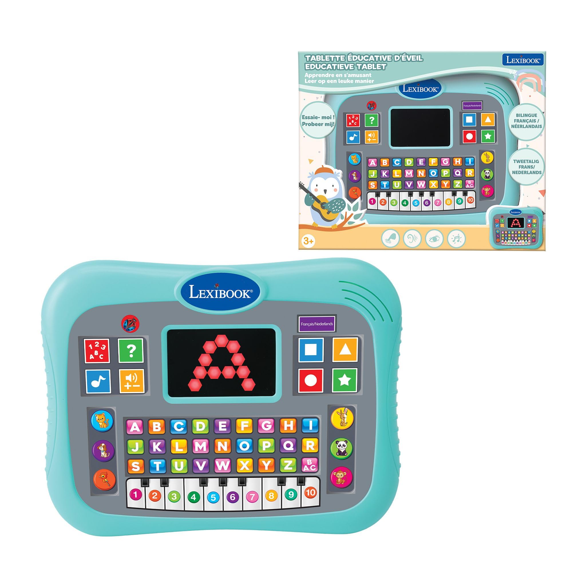 Lexibook, JCPAD007i10 Bilingual French Dutch Talking Tablet with Display for Learning Alphabet, Numbers and Animals, Piano and Quiz Modes Interactive, Blue