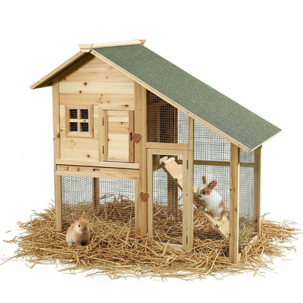 Melko Hasenstall mit Auslauf – geeignet für 2 – 3 Hasen, Meerschweinchen oder andere Kleintiere, aus Holz, wetterfest, für drinnen und draußen, einfache Reinigung