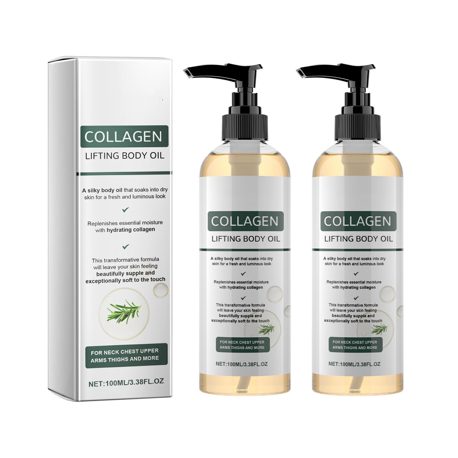 Collagen Lifting Body Oil, Körperöl Straffend mit Rosmarinblattextrakt, Feuchtigkeits, Pflegend Hautöl, Massageöl zur Verbesserung der Hautelastizität, Reduziert Feine Linien (2PC) - 2