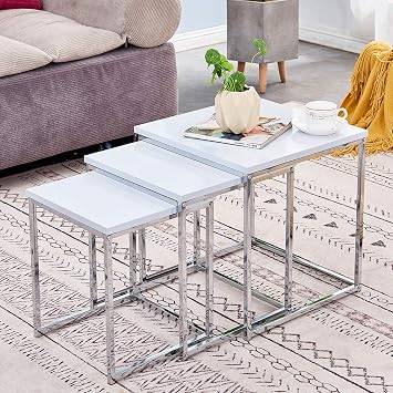 Modern Nesting Table Set of 3, Coffee Table Small End Table Sofa Side High Gloss Wood Tabletop with Chrome Frame Legs Space Saving for Living Room Bedroom Square Pure White Set of 3