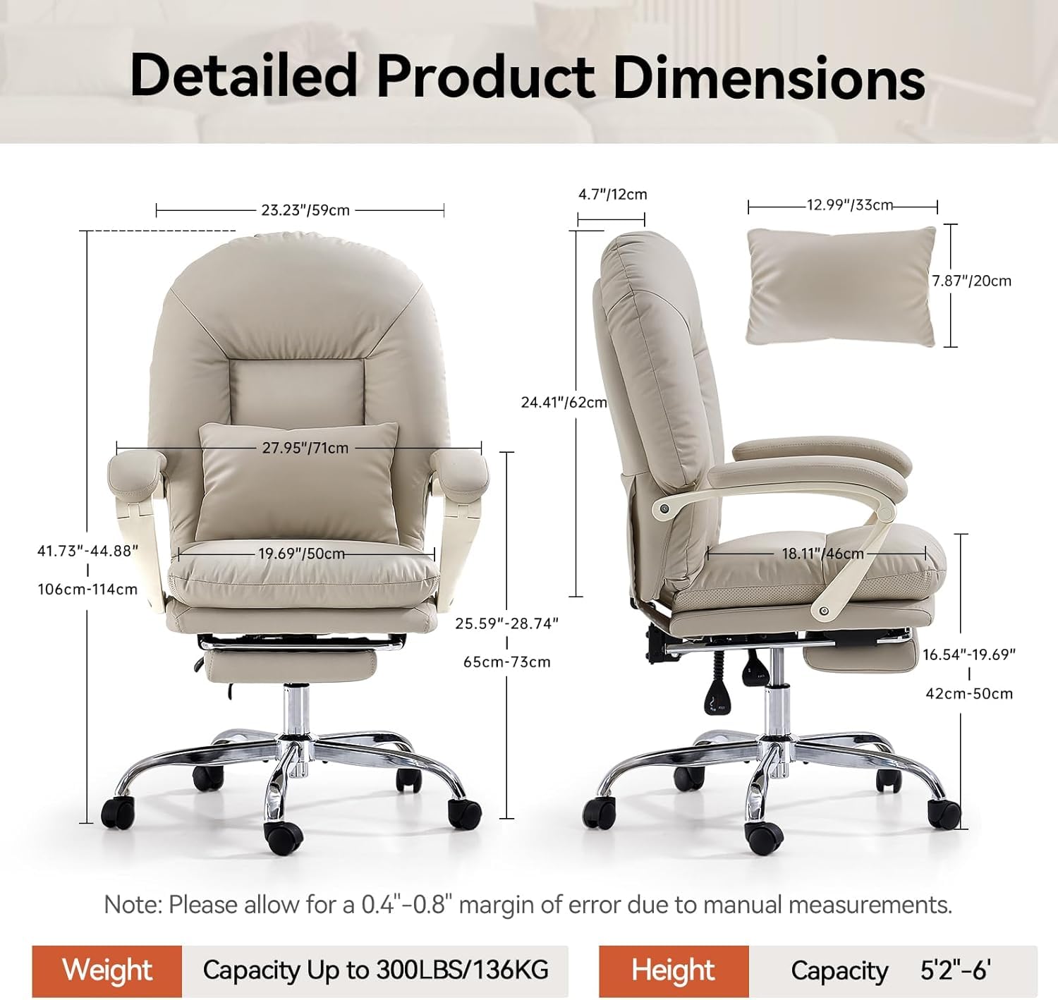 EMIAH Silla de Oficina Ergonómica con Reposapiés, Silla de Escritorio Ejecutiva Reclinable, Sillón de Cuero PU, Modernas Cómoda Silla de Ordenador Tocador con Ruedas, Bonita Silla para el Hogar, Beige