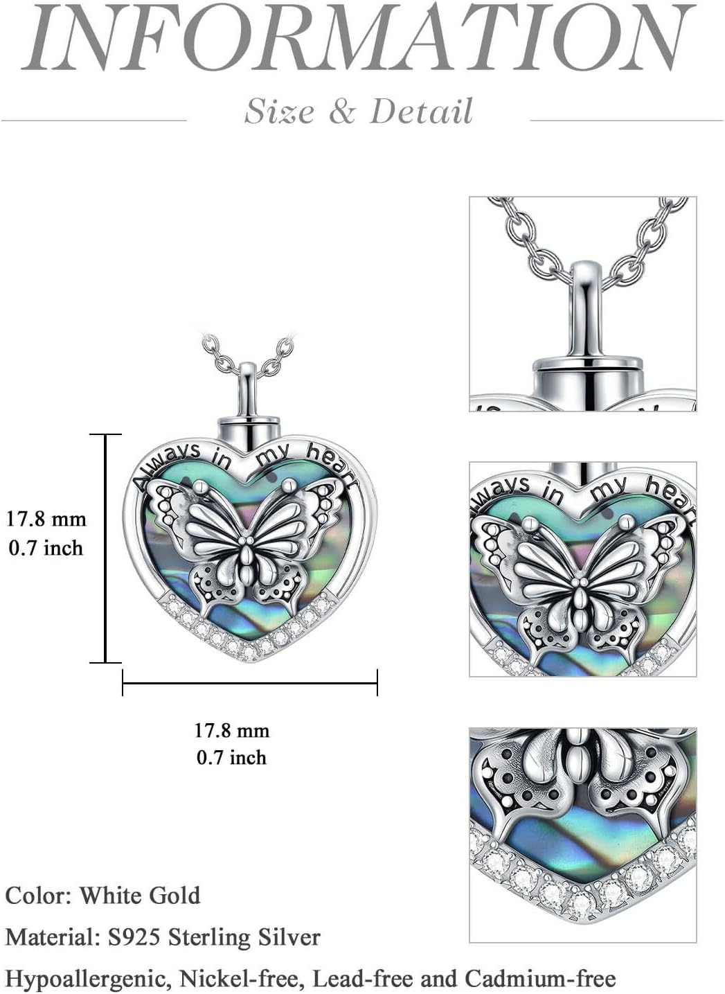 TOUPOP Heart Urn Necklaces for Ashes 925 Sterling Silver Cremation Jewelry for Ashes Memorial Keepsake Jewelry with Funnel Filler for Women