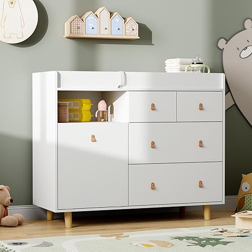 Miniatura 3 de Cambiador de bebé con 5 cajones, cómoda para cuarto de bebé con cesta de lavandería inclinable, organizador de cambiador infantil para guardería y