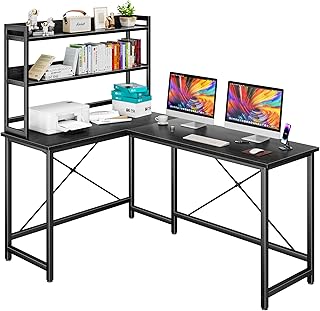 GYIIYUO L Shaped Desk with Hutch 61+38 Inch, Computer Desk with 2-Tier Bookshelf, Large 2 Person Corner Desk, Stable and Sturdy Home Office Desk with Storage, Space Saving and Modern, Black