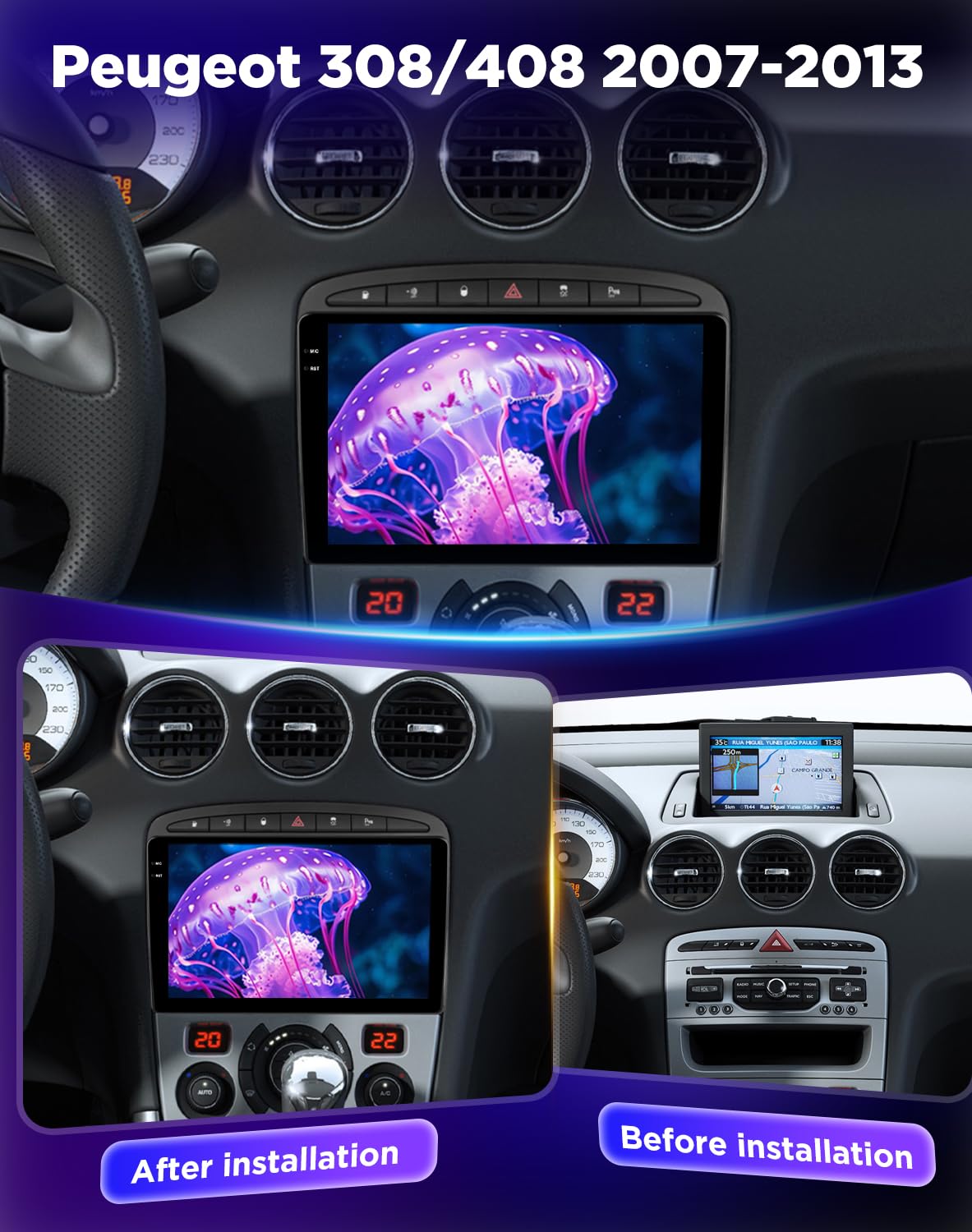 NHOPEEW Autoradio 4+64G Android pour Peugeot 308/408 2007-2013 avec Carplay sans Fil et Android Auto - Écran incell 9 Pouces Prise en Charge WiFi GPS Commandes au Volant + Caméra de recul, Canbus