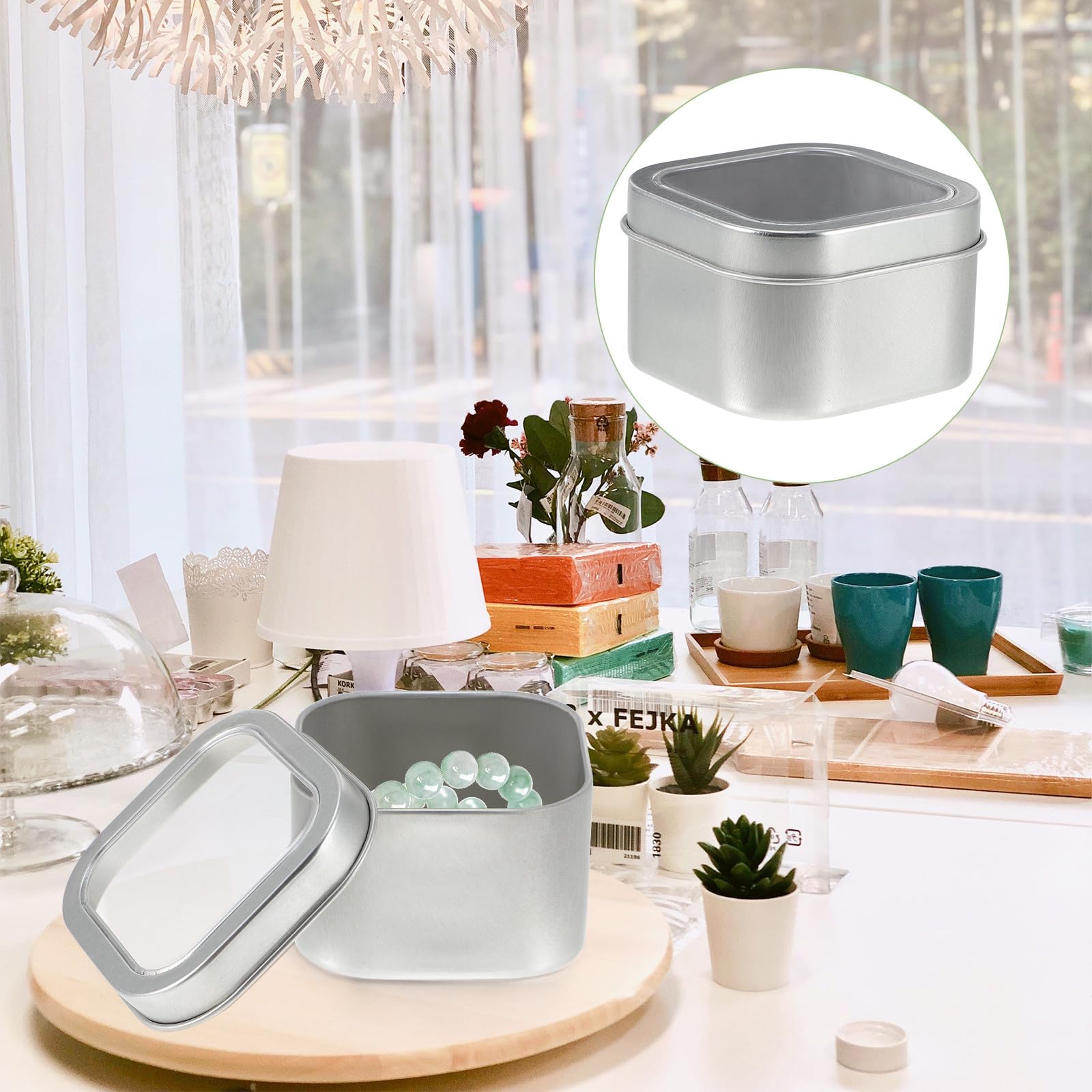 HANABASS Contenitori in Latta Quadrati 15 con Coperchio Trasparente 8 Once Scatole Riutilizzabili per Conservazione e Creazione Candele