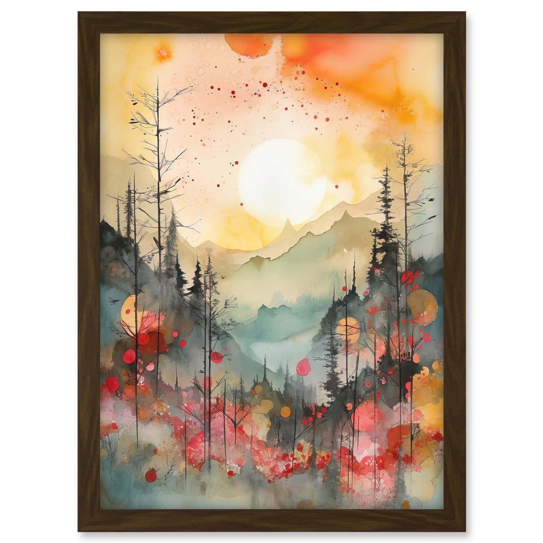 Artery8 Sunrise Over Misty Mountain Forest Landscape Modern Watercolour Painting Artwork Framed A3 Wall Art Print