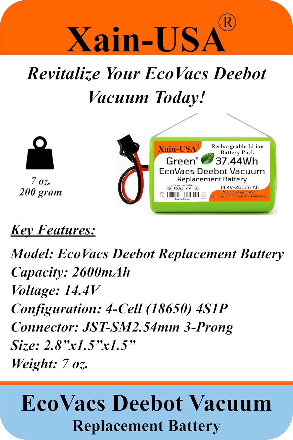3-Prong: 14.4v 2600mAh Li-ion Replacement Battery Compatible with Eufy RoboVac 11 11S 30 15C 15T 12 35C; Ecovacs Deebot N79 N79S DN622; Goovi F007C D380 D382; Amarey A800; Coredy R300