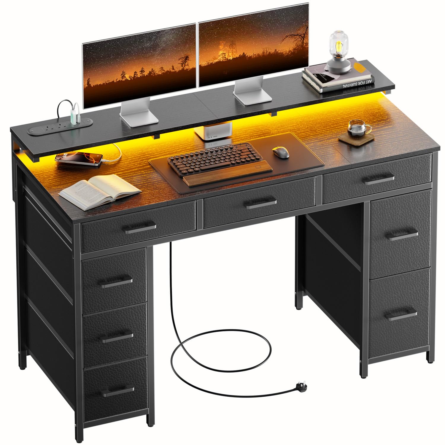 DLONGONE Computer Desk with 8 Storage Drawers, 120 x 50 cm Home Office Desk with LED Lights & USB Power Outlets, Gaming Table with Monitor Stand, Study Writing Work Table for Bedroom, Black