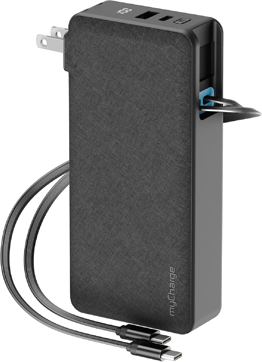 myCharge RetractaCharger 20000mAh Portable Charger Power Bank for Laptops, Phones & Tablets with 28-inch Retractable Dual USB-C Cables | Premium Fabric | Built-in Wall Plug | 30W PD Fast Charging