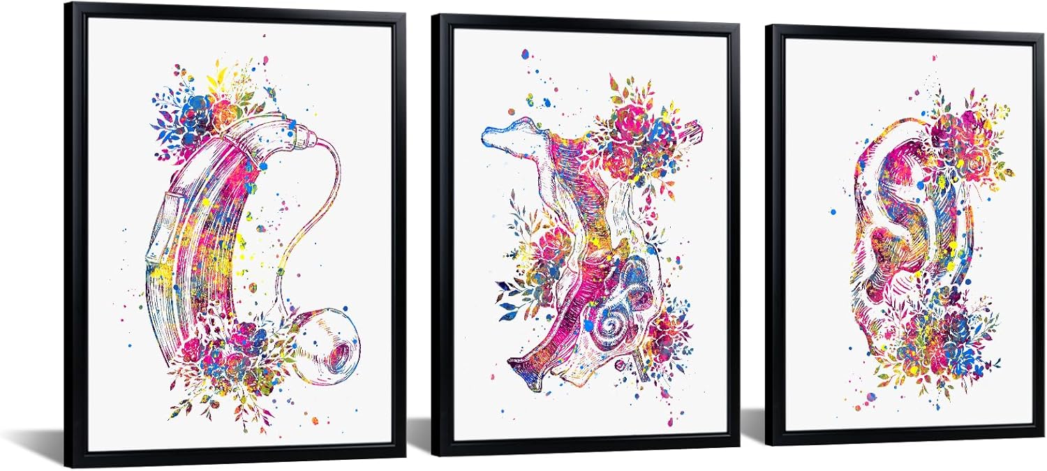 KREATIVE ARTS Ear Anatomy Canvas Wall Art Set of 3 Watercolor Hearing Aid and Cochlear Implant Prints for Audiology Clinic ENT Office Medical Decor for Nurse Doctor 12x16 Inch