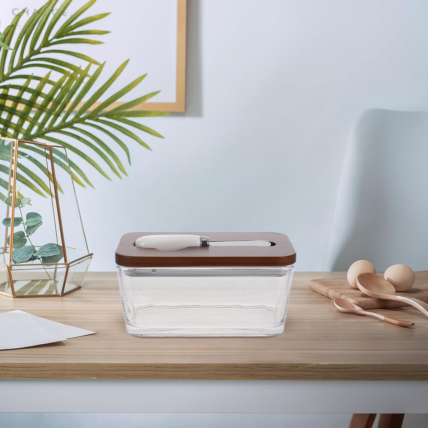 Glass Butter Dish with Airtight Lid and Lid Rectangular Large Glass Butter Container with Knife for Kitchen Counter Storage