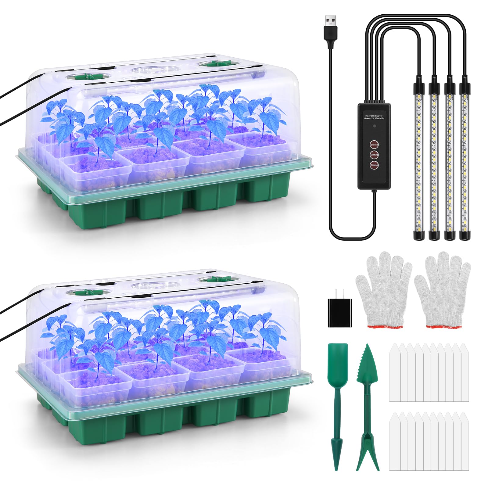 BlumWay Lot de 2 mini serres d'intérieur avec lampe pour plantes - 24 cellules - Avec dôme d'humidité - Réutilisables - Mini serre