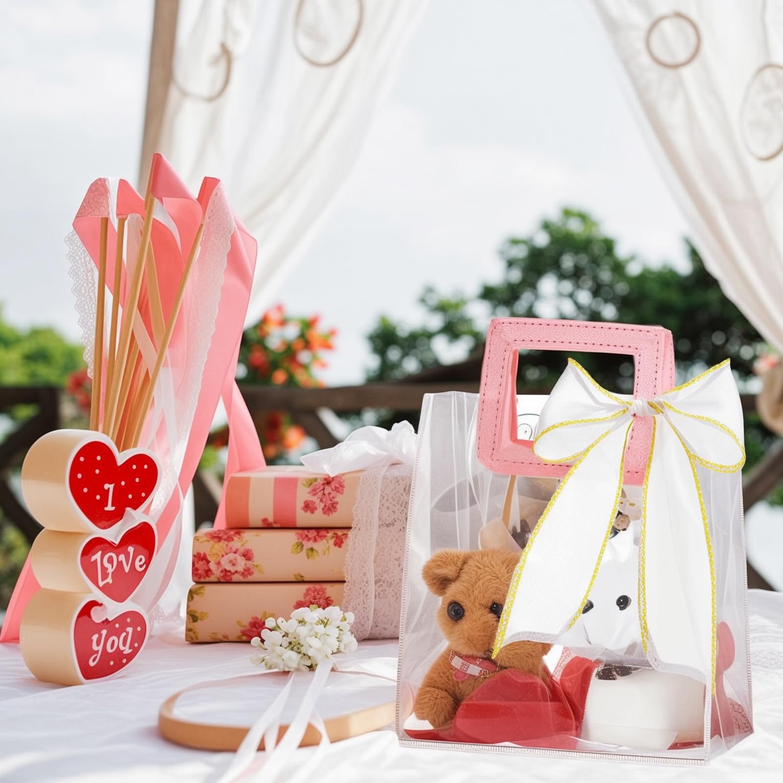 24 bolsas de regalo transparentes con asas y cinta de cola de pez, bolsa de regalo de PVC transparente reutilizable a granel, bolsas de plástico resistentes para boda, cumpleaños, recuerdo de fiesta,