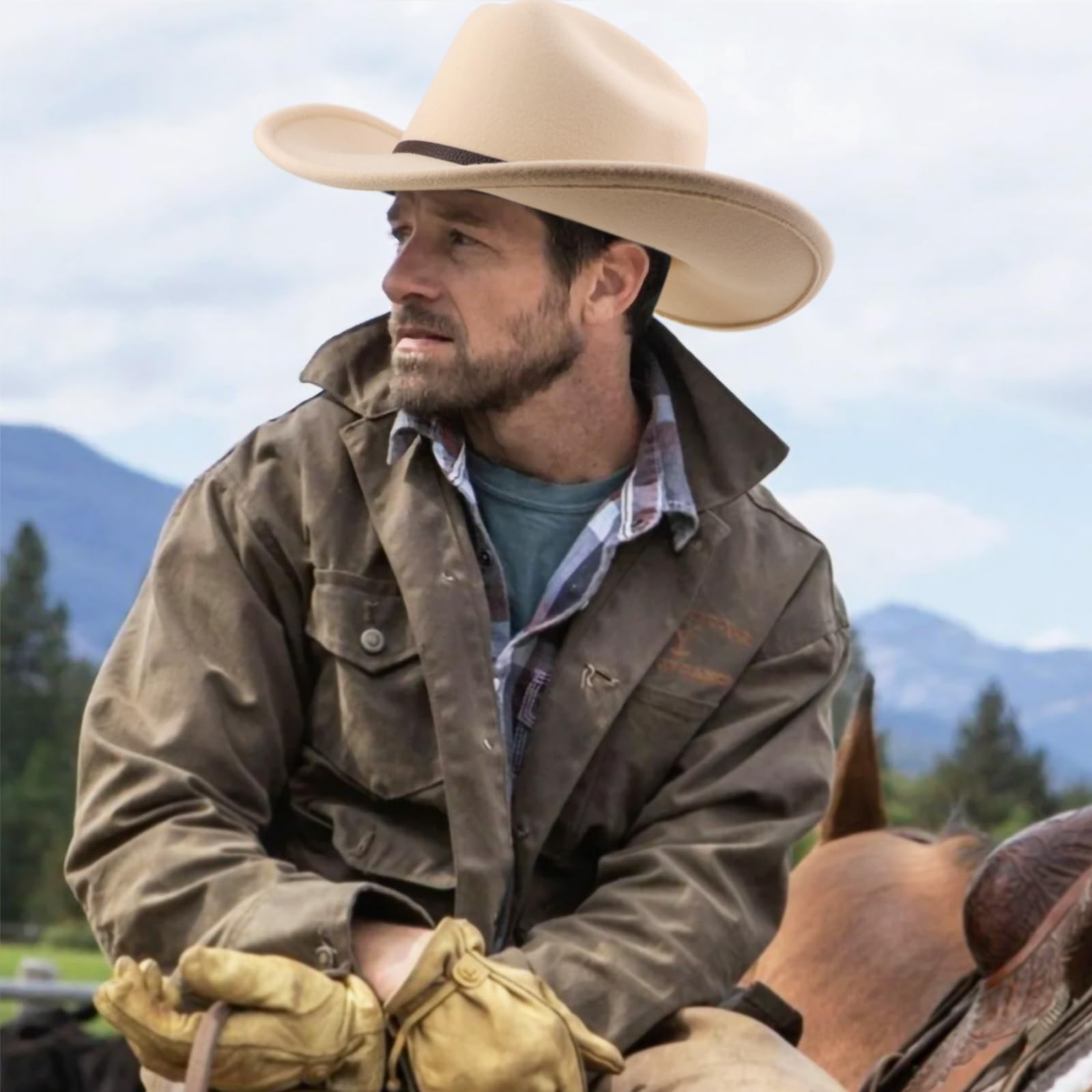 DRESHOW Chapeau de Cowboy pour Femme et Homme Le Rancher Western Chapeau en Feutre Chapeaux Fedora à Large Bord Façonnable Extérieur avec Boucle de Ceinture Rétro Unisexe Chapeau Roulé