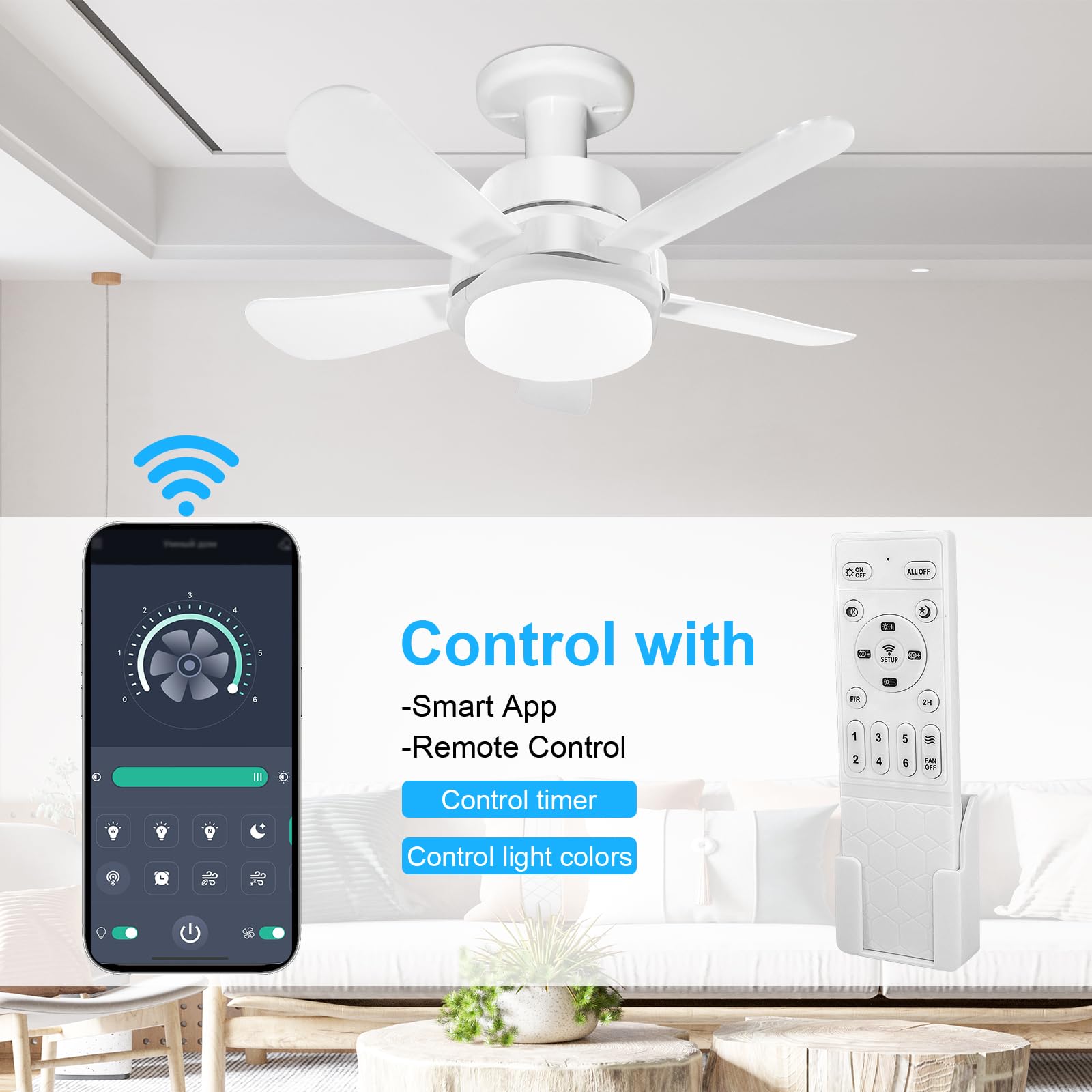 Ventilador de Casquillo con Luz LED 40 cm, Ventilador de Techo con Base E27, 6 Palas, Motor DC 6 Velocidades Regulable, 6000K (blanco)