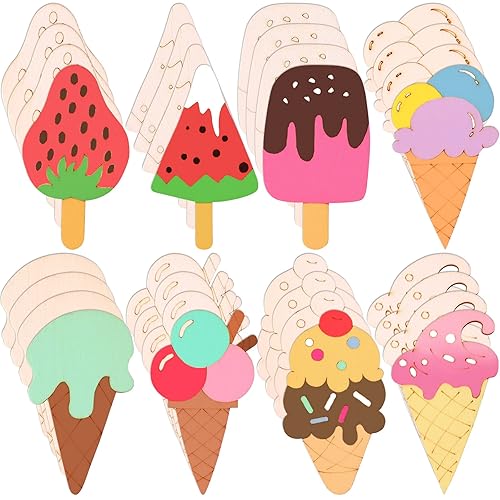 40 Pieces Unfinished Summer Ice Cream Wooden Cutouts, 8 Styles