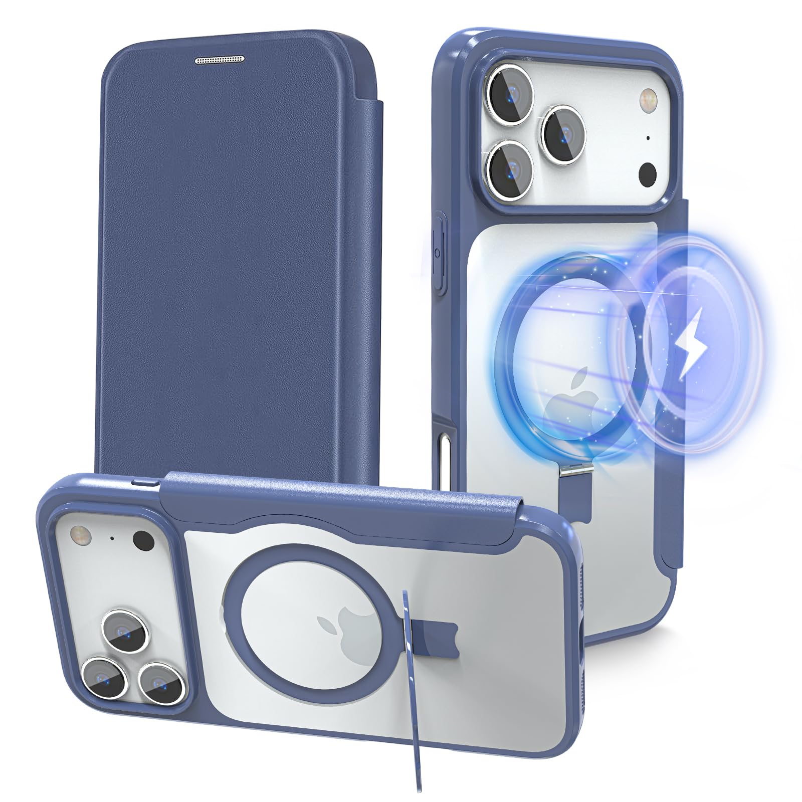 【スタンド機能&手帳型・MagSafe対応】ハット iPhone17ProMax 用 ケース いphone17プロmaxケース 手帳型 [ワイヤレス充電・隠しスタンド] 全面保護 耐衝撃 カード収納２枚 小銭入れ 背面透明 ストラップホール付き 米軍MIL規格取得 6.9インチ 対応 ブルー
