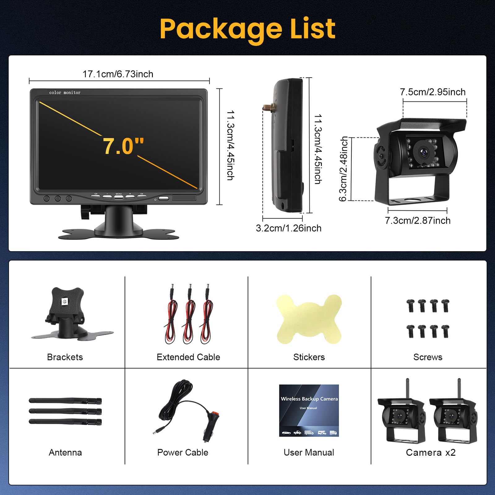 Hikity Kit Telecamera Posteriore 7 Pollici Wireless con IP68 impermeabile Visione Notturna 2 Telecamera Posteriore, Telecamera per BSD Auto Kit Per Auto Minivan Camper Bus Van Camion 12V-36V