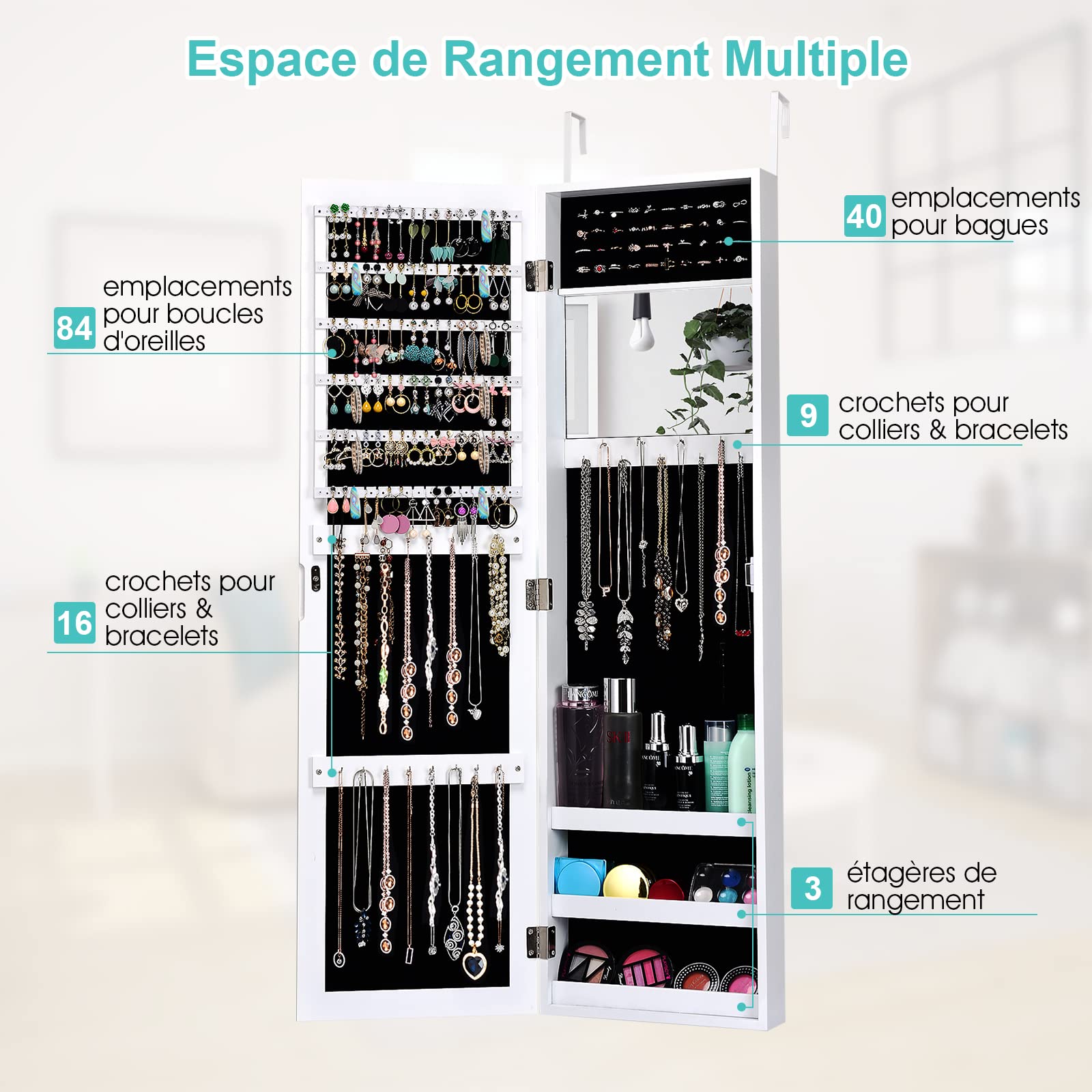 COSTWAY Armoire à Bijoux Murale/Suspendue 2 en 1 avec Miroir Antidéflagrant, Organisateur à Bijoux avec Espace de Rangement, Fermeture Magnétique, 31,5 x 8,5 x 110cm(Blanc)
