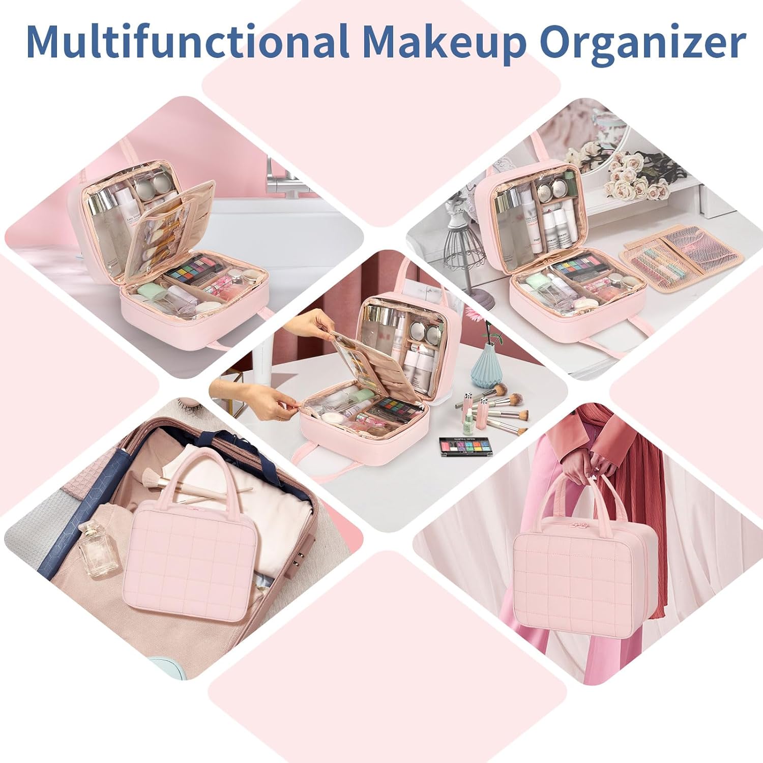 Travel Makeup Bag, Large Capacity Cosmetic Bag, Portable Make Up Bag Organizer for Women, Waterproof Cosmetic Travel Bag with Dividers and Brush Compartment for Cosmetics & Toiletries - Image 7