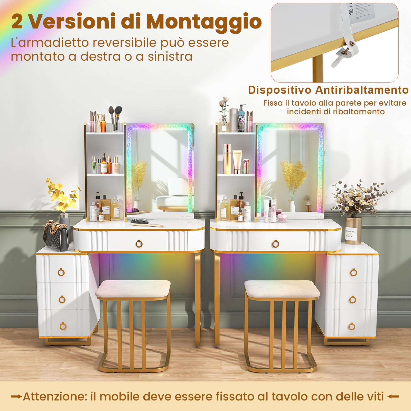RELAX4LIFE Toeletta da Trucco con Luci LED, Tavolo da Trucco con Specchio, Set di Postazione Trucco con Porta USB/Type-C/Ricarica Wireless, per Camera da Letto, 80x40x137 cm (Bianco)
