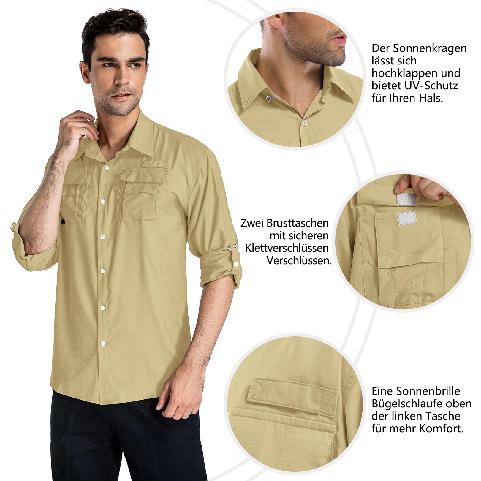 yeyity Camicia da uomo a maniche lunghe UPF50+, protezione UV Safari, traspirante, per il tempo libero, ad asciugatura rapida, funzionale, per escursioni, pesca, trekking