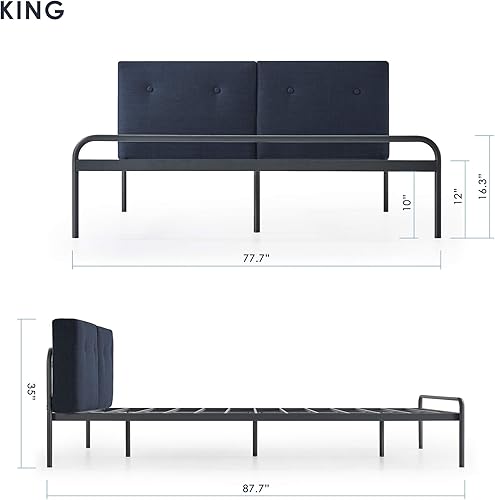 Miniatura 63 de Mellow Maggie - Cama de plataforma de metal con cabecera tapizada con cojín, listones de acero, fácil montaje, gris cielo, tamaño Queen Gris (Sky